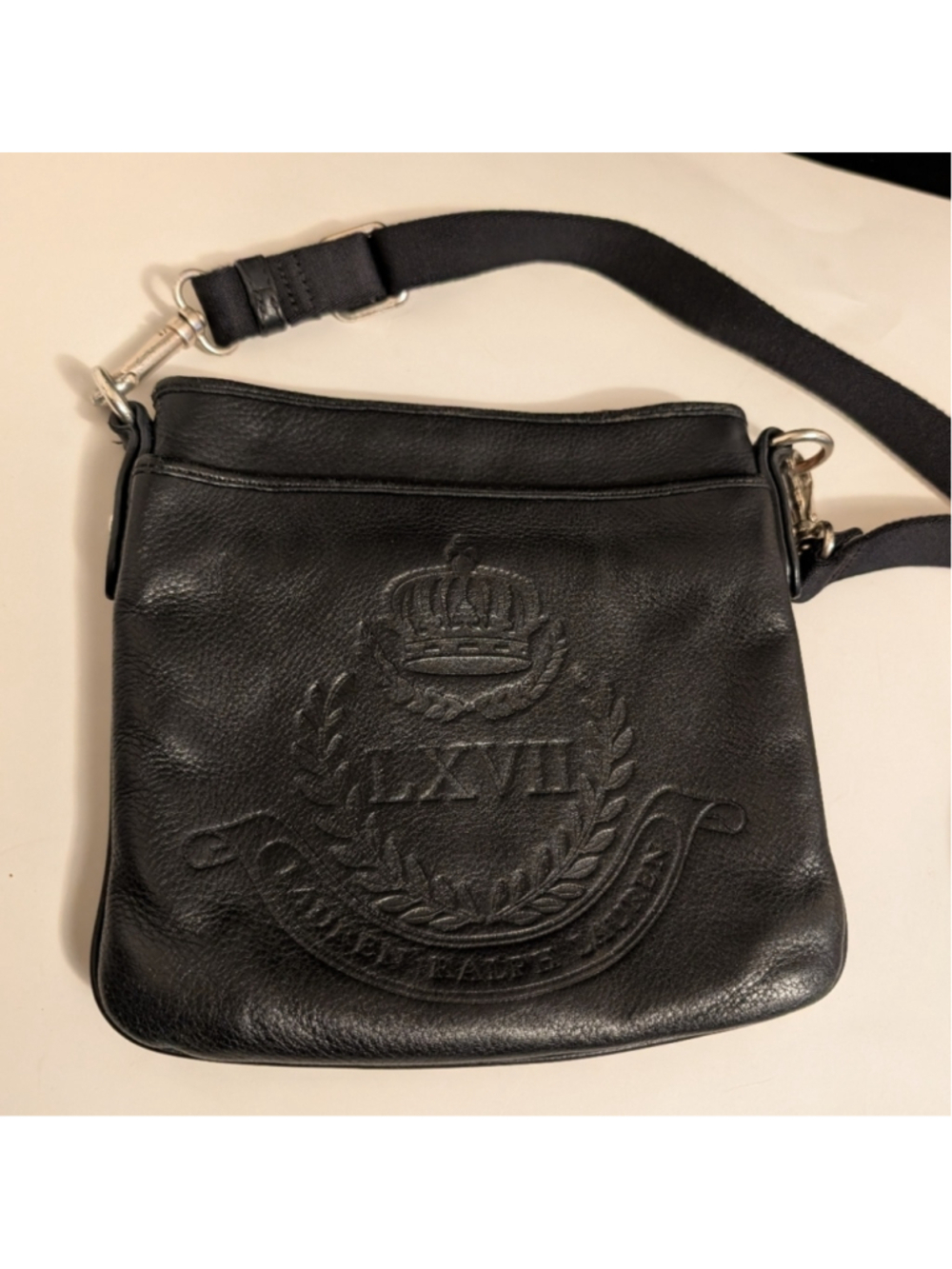Lauren Ralph Lauren Black Large Embossed Logo Leather Cross Body Bag Purse VGUC